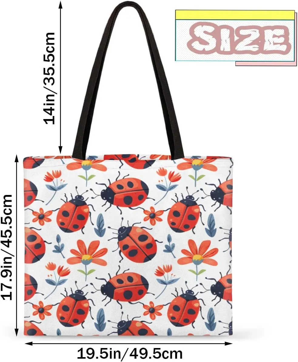 Red Flowers Ladybugs Canvas Tote Bag for Women Men Stylish Tote Handbag Shoulder Bag Reusable Grocery Bag