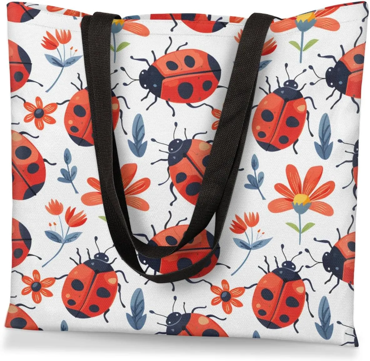 Red Flowers Ladybugs Canvas Tote Bag for Women Men Stylish Tote Handbag Shoulder Bag Reusable Grocery Bag