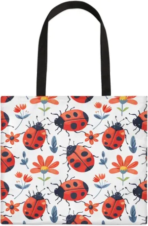 Red Flowers Ladybugs Canvas Tote Bag for Women Men Stylish Tote Handbag Shoulder Bag Reusable Grocery Bag