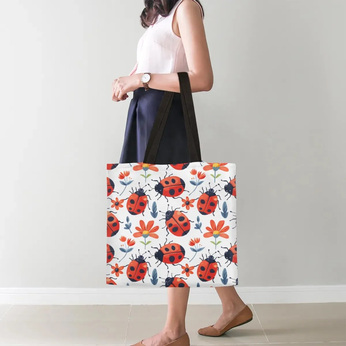 Red Flowers Ladybugs Canvas Tote Bag for Women Men Stylish Tote Handbag Shoulder Bag Reusable Grocery Bag