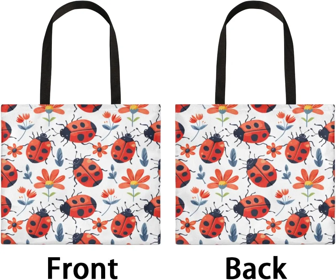 Red Flowers Ladybugs Canvas Tote Bag for Women Men Stylish Tote Handbag Shoulder Bag Reusable Grocery Bag