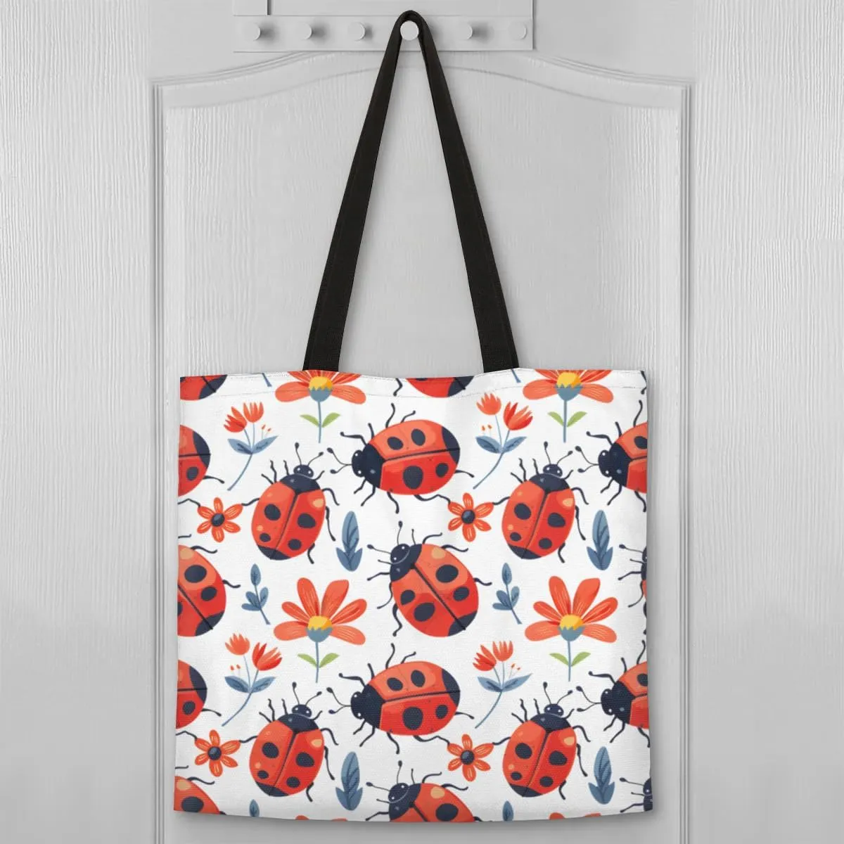 Red Flowers Ladybugs Canvas Tote Bag for Women Men Stylish Tote Handbag Shoulder Bag Reusable Grocery Bag