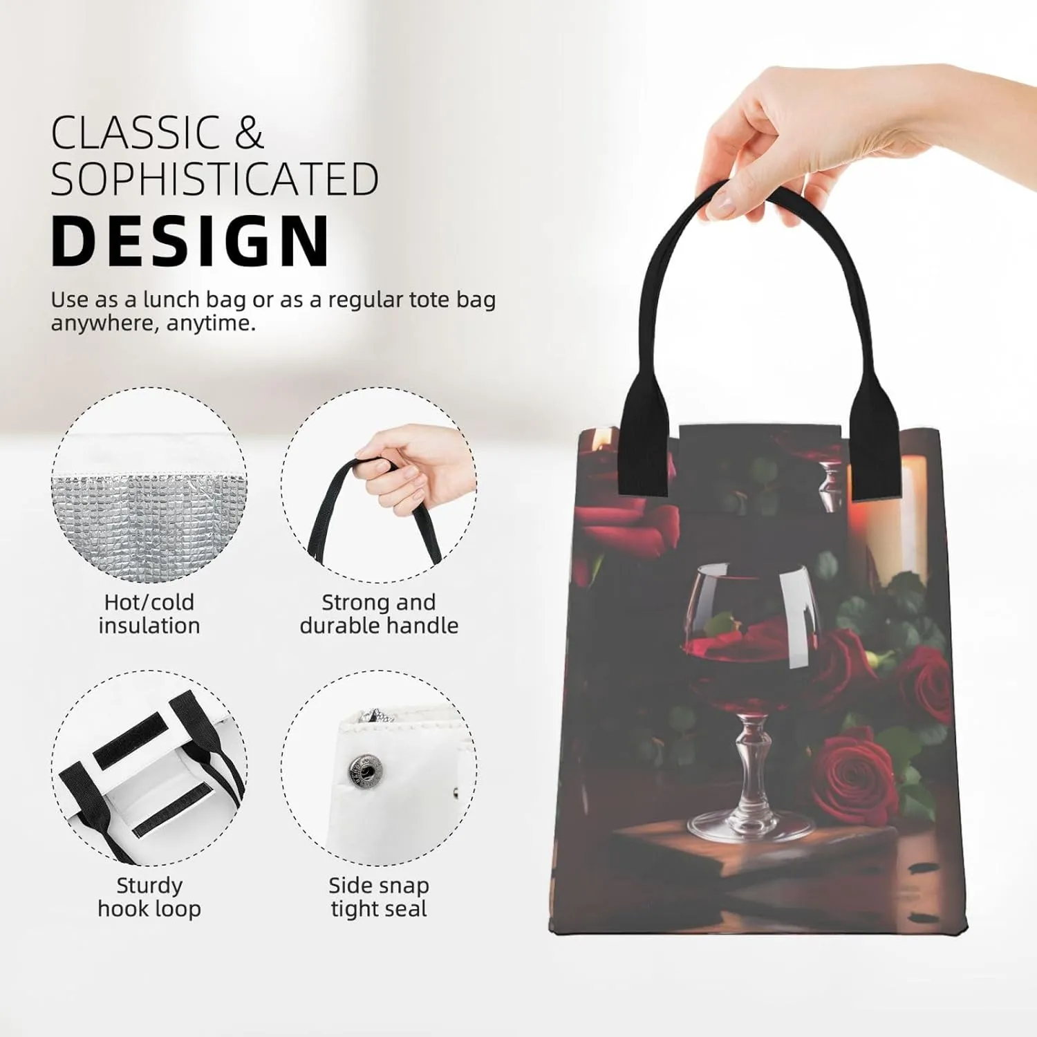 Red Wine Rose And Candle Reusable Paper Bag For Office Workers, Suitable For Picnic, Travel, More