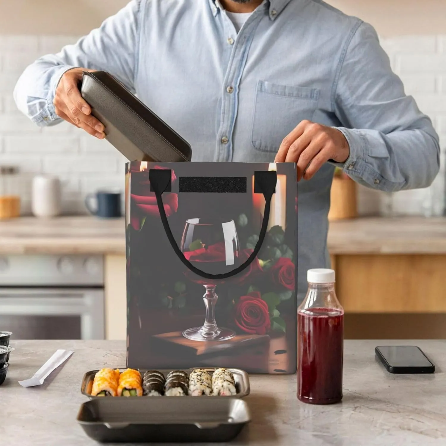 Red Wine Rose And Candle Reusable Paper Bag For Office Workers, Suitable For Picnic, Travel, More