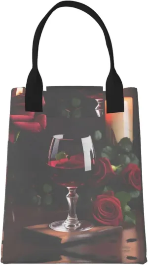 Red Wine Rose And Candle Reusable Paper Bag For Office Workers, Suitable For Picnic, Travel, More