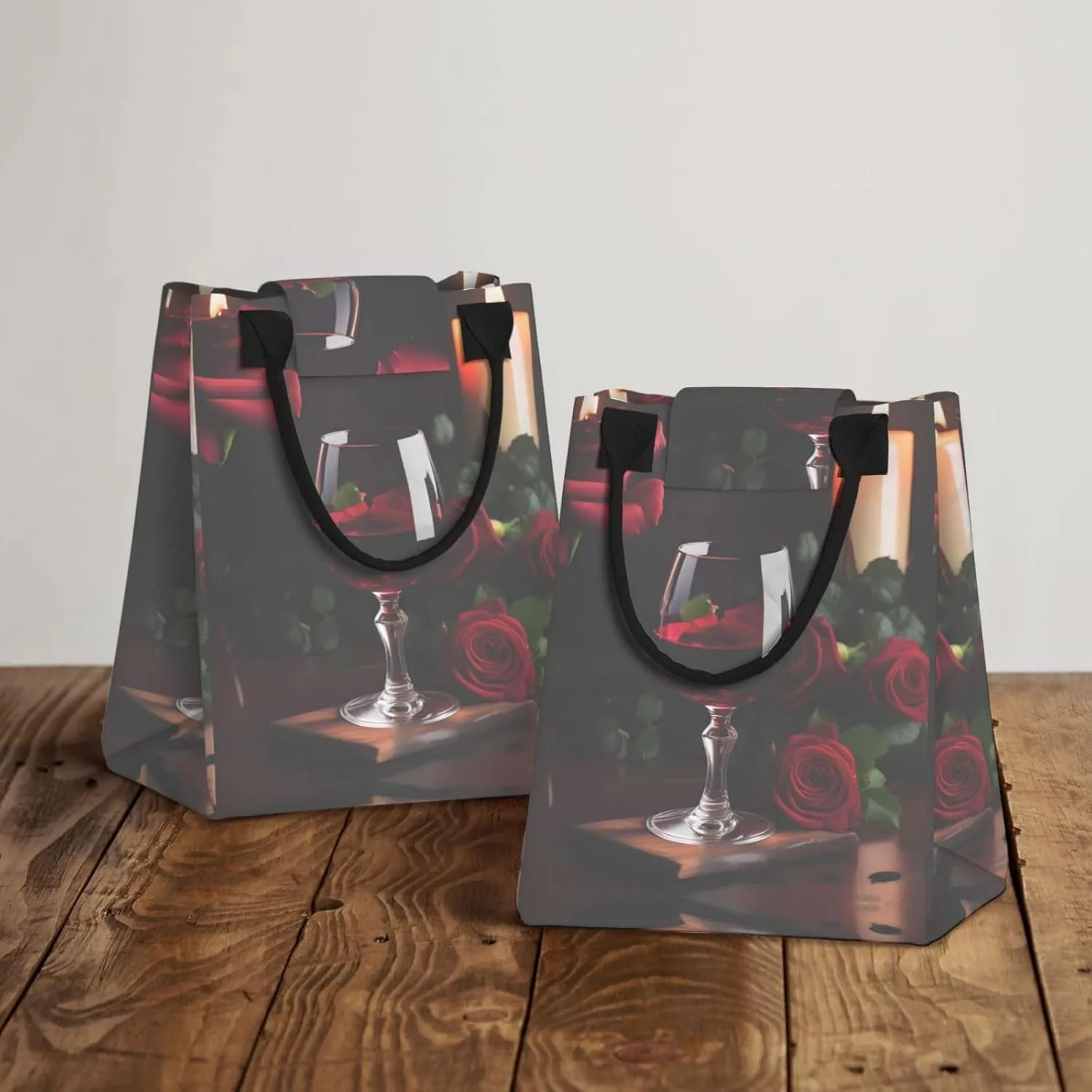 Red Wine Rose And Candle Reusable Paper Bag For Office Workers, Suitable For Picnic, Travel, More