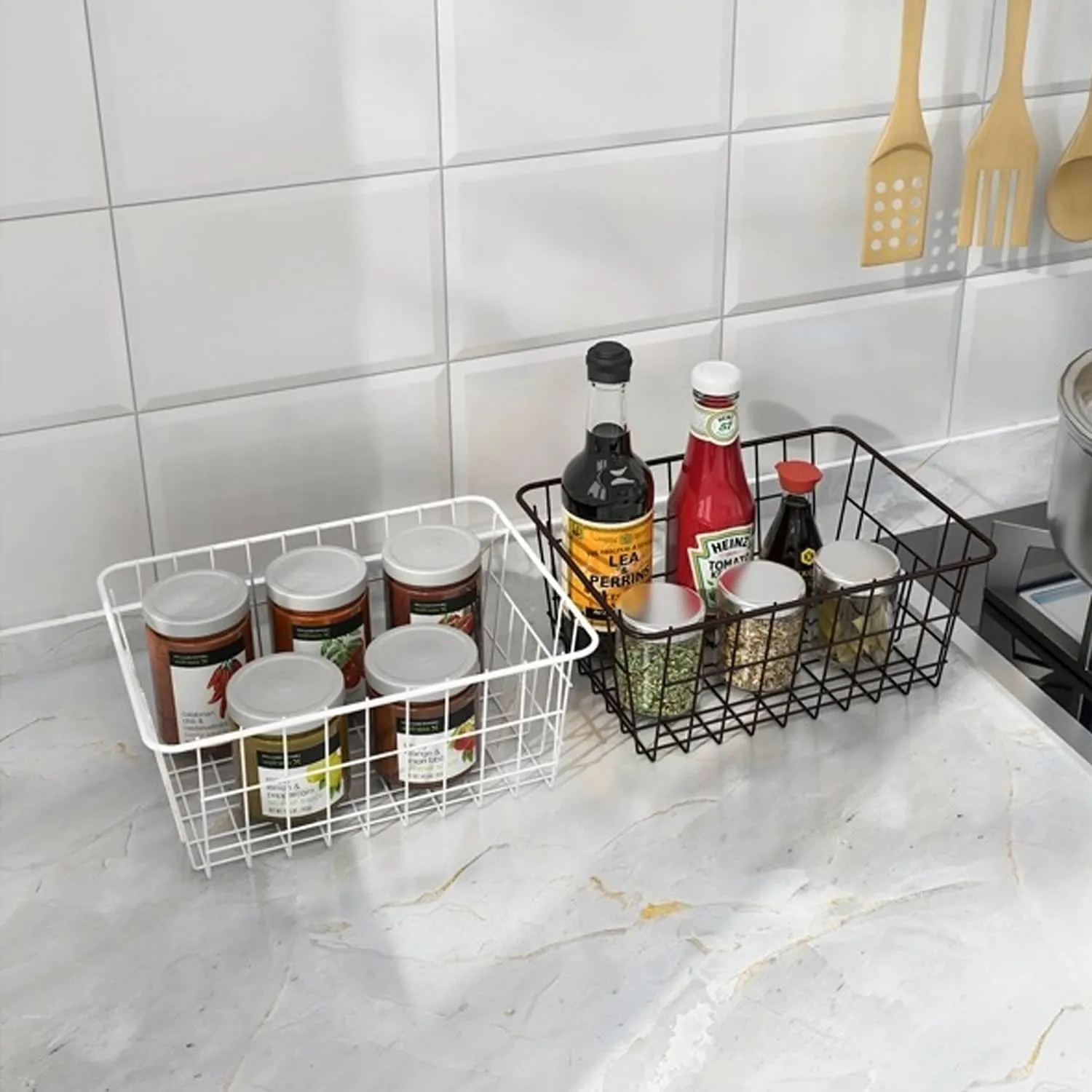 Redrubbit Wire Storage Baskets, Large Farmhouse Metal Freezer Basket Storage Organizer Bins with Handles for Kitchen Cabinets, Pantry, Closets, Bedrooms, Bathrooms, Set of 2, Black