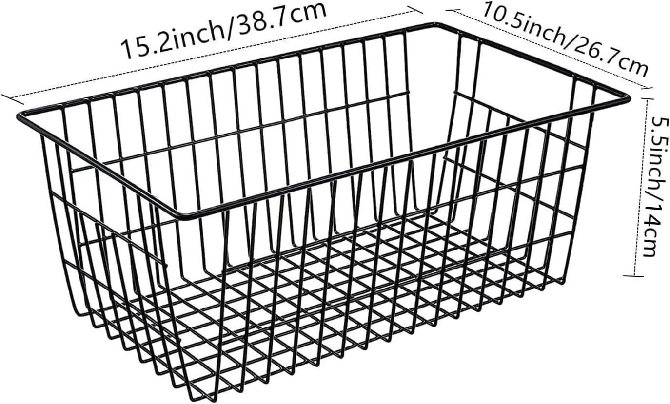 Redrubbit Wire Storage Baskets, Large Farmhouse Metal Freezer Basket Storage Organizer Bins with Handles for Kitchen Cabinets, Pantry, Closets, Bedrooms, Bathrooms, Set of 2, Black