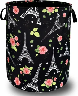 Retro Eiffel Tower Laundry Hamper Rose Flower Colorful Laundry Basket With Handles Foldable Oxford Cloth Tote Bag Clothes Toy Storage Bucket18.9x16.5 Inch For Bathroom/Laundry/Bedroom