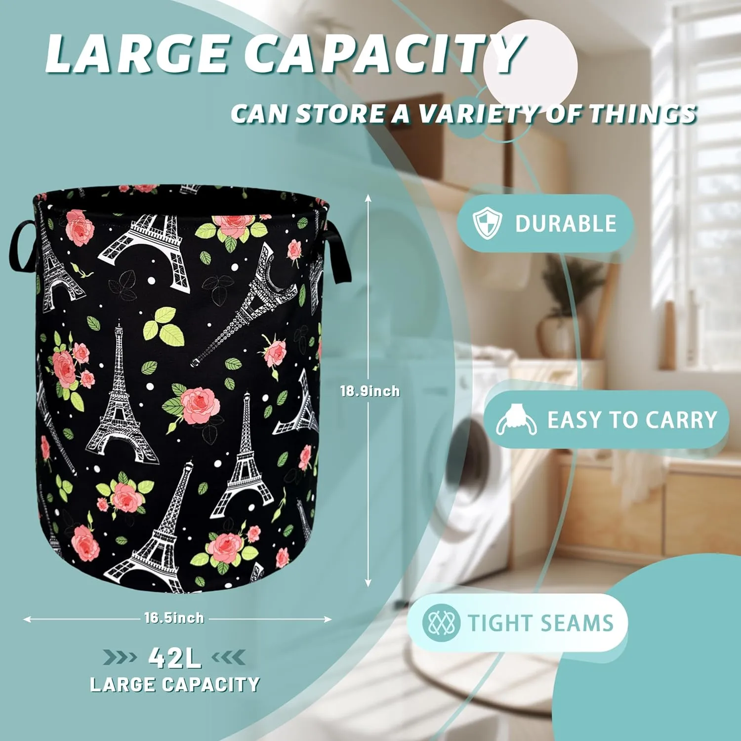 Retro Eiffel Tower Laundry Hamper Rose Flower Colorful Laundry Basket With Handles Foldable Oxford Cloth Tote Bag Clothes Toy Storage Bucket18.9x16.5 Inch For Bathroom/Laundry/Bedroom