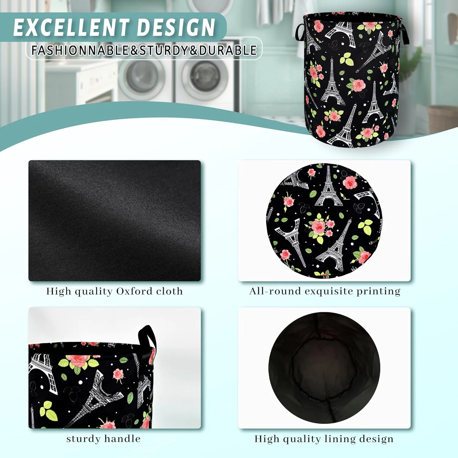 Retro Eiffel Tower Laundry Hamper Rose Flower Colorful Laundry Basket With Handles Foldable Oxford Cloth Tote Bag Clothes Toy Storage Bucket18.9x16.5 Inch For Bathroom/Laundry/Bedroom