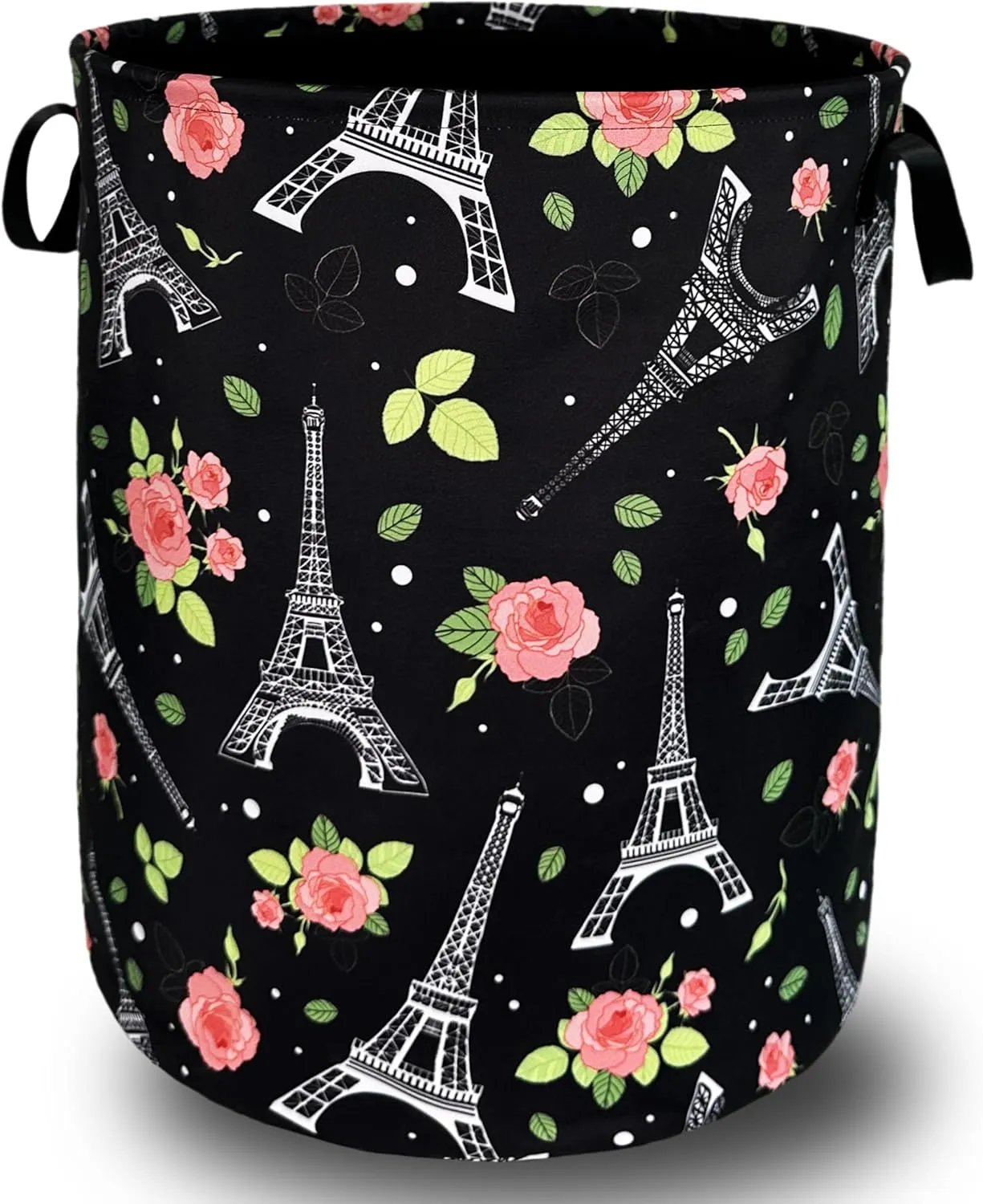 Retro Eiffel Tower Laundry Hamper Rose Flower Colorful Laundry Basket With Handles Foldable Oxford Cloth Tote Bag Clothes Toy Storage Bucket18.9x16.5 Inch For Bathroom/Laundry/Bedroom
