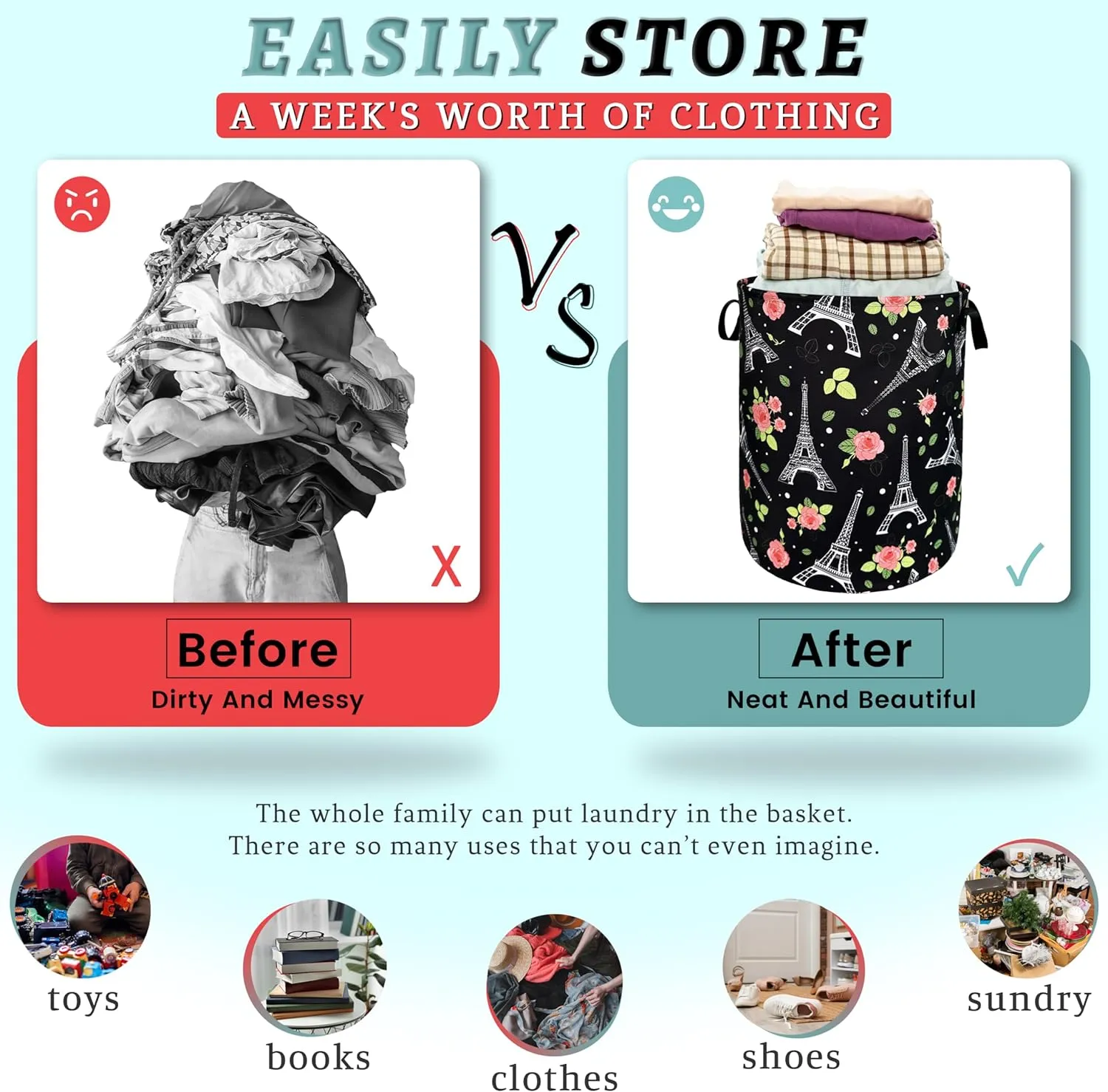 Retro Eiffel Tower Laundry Hamper Rose Flower Colorful Laundry Basket With Handles Foldable Oxford Cloth Tote Bag Clothes Toy Storage Bucket18.9x16.5 Inch For Bathroom/Laundry/Bedroom