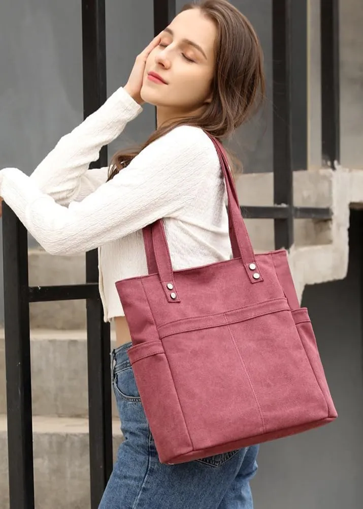Retro Tote Bags for Women Large Canvas Shoulder Purse Casual Work Handbags Multi Pocket Top Handle Satchel