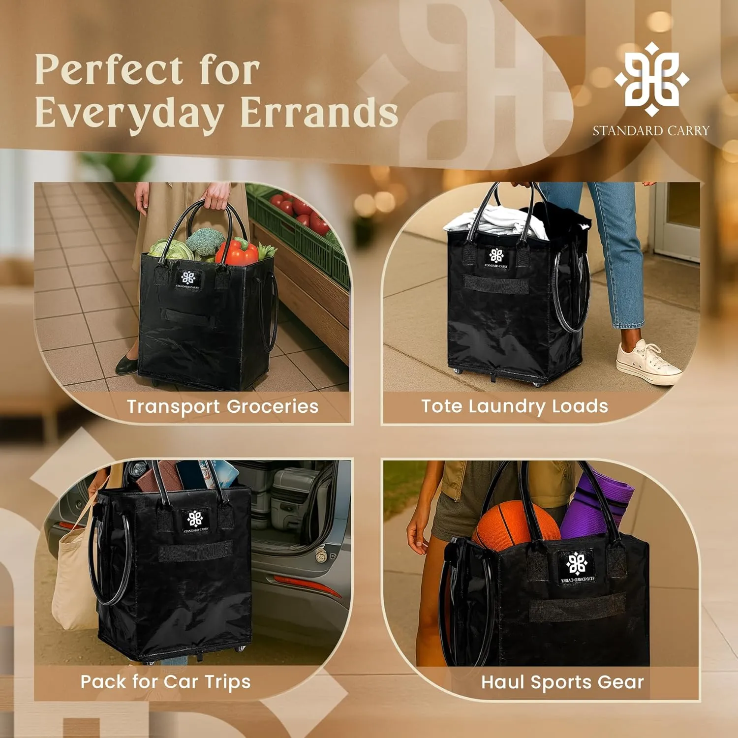 Reusable Grocery Bag with Wheels - Foldable Rolling Tote, Zipper Closure, Heavy-Duty, Eco-Friendly, Carry Up to 70Lbs - Perfect for Shopping, Laundry, Sports Schlepping, and More!