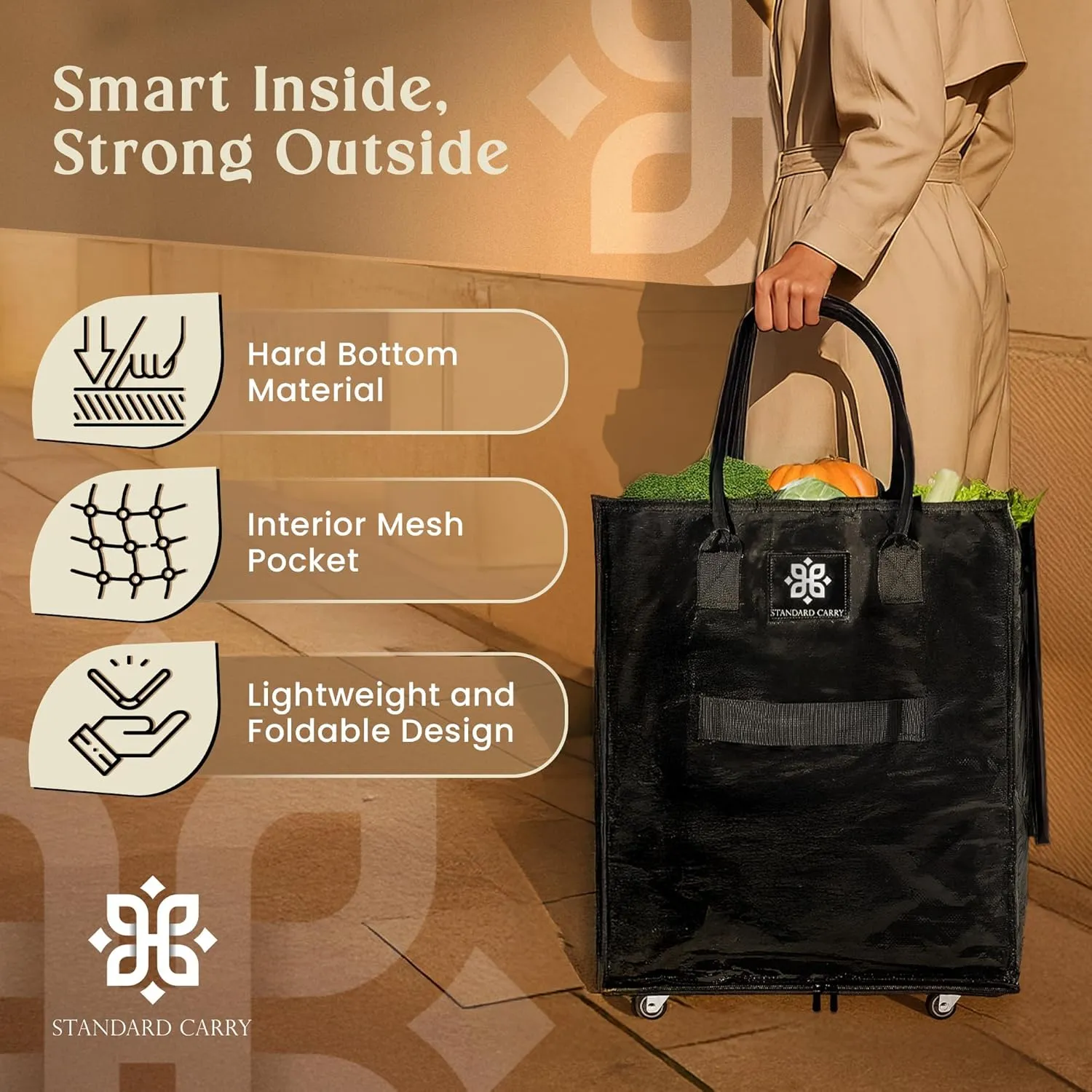Reusable Grocery Bag with Wheels - Foldable Rolling Tote, Zipper Closure, Heavy-Duty, Eco-Friendly, Carry Up to 70Lbs - Perfect for Shopping, Laundry, Sports Schlepping, and More!