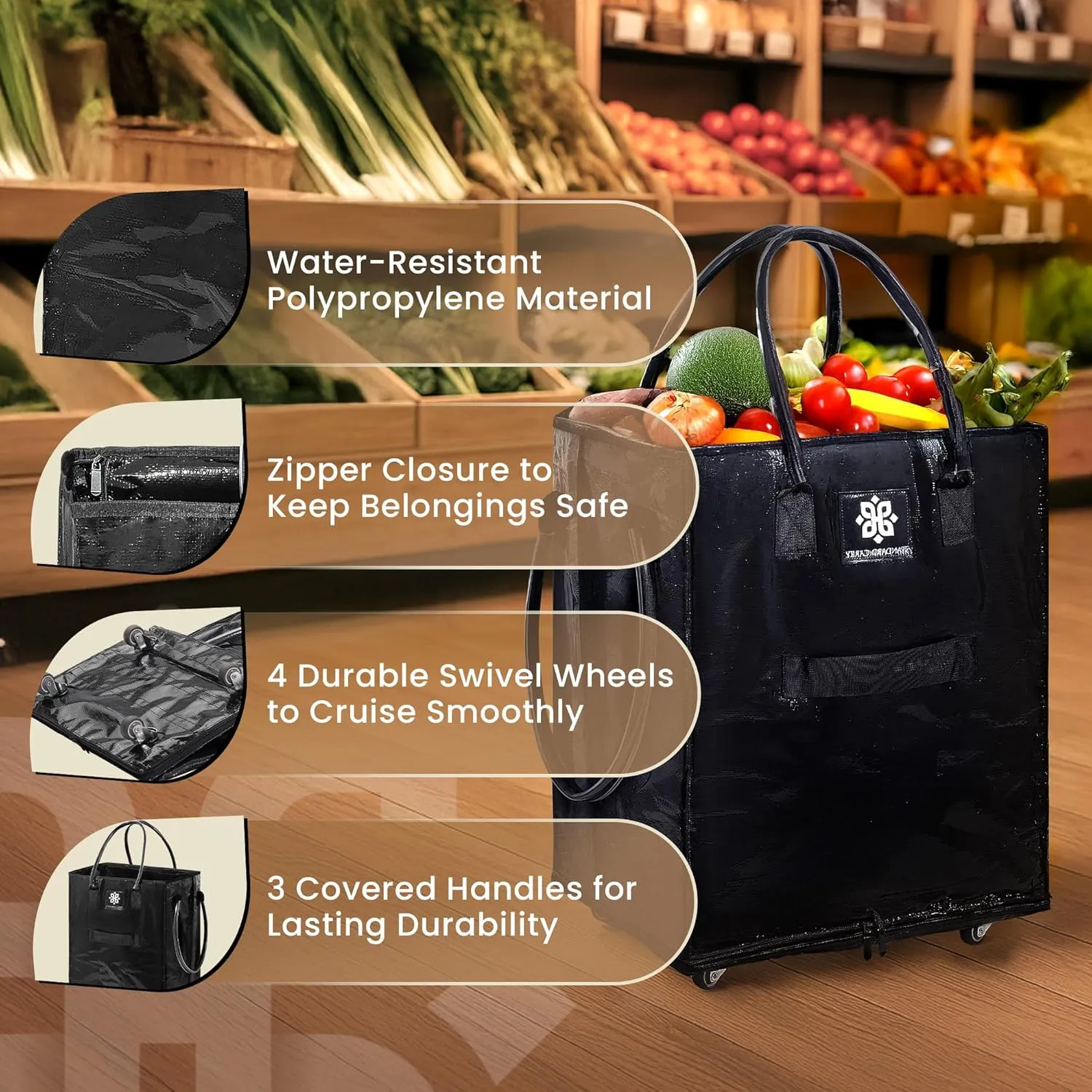 Reusable Grocery Bag with Wheels - Foldable Rolling Tote, Zipper Closure, Heavy-Duty, Eco-Friendly, Carry Up to 70Lbs - Perfect for Shopping, Laundry, Sports Schlepping, and More!