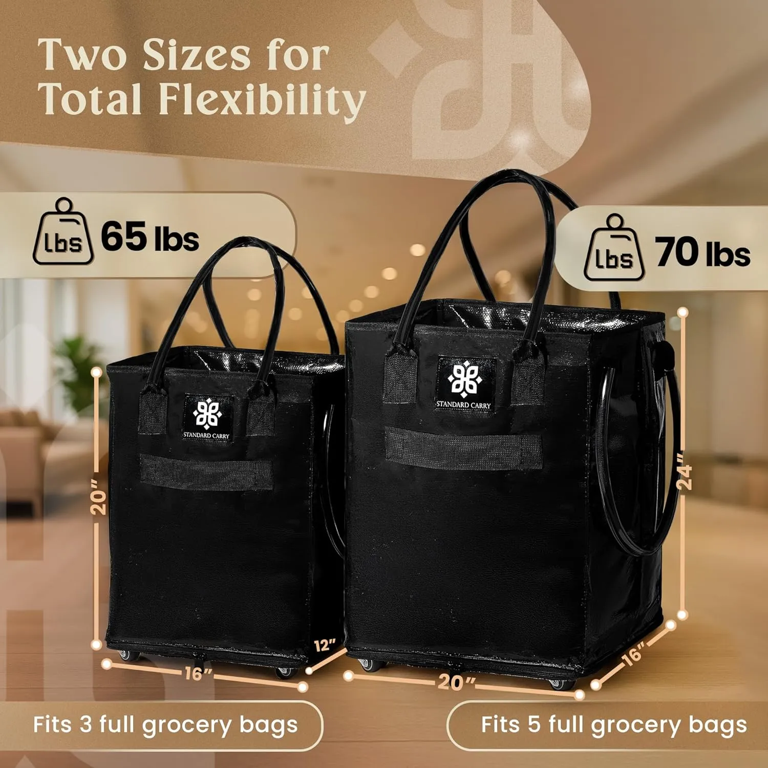 Reusable Grocery Bag with Wheels - Foldable Rolling Tote, Zipper Closure, Heavy-Duty, Eco-Friendly, Carry Up to 70Lbs - Perfect for Shopping, Laundry, Sports Schlepping, and More!