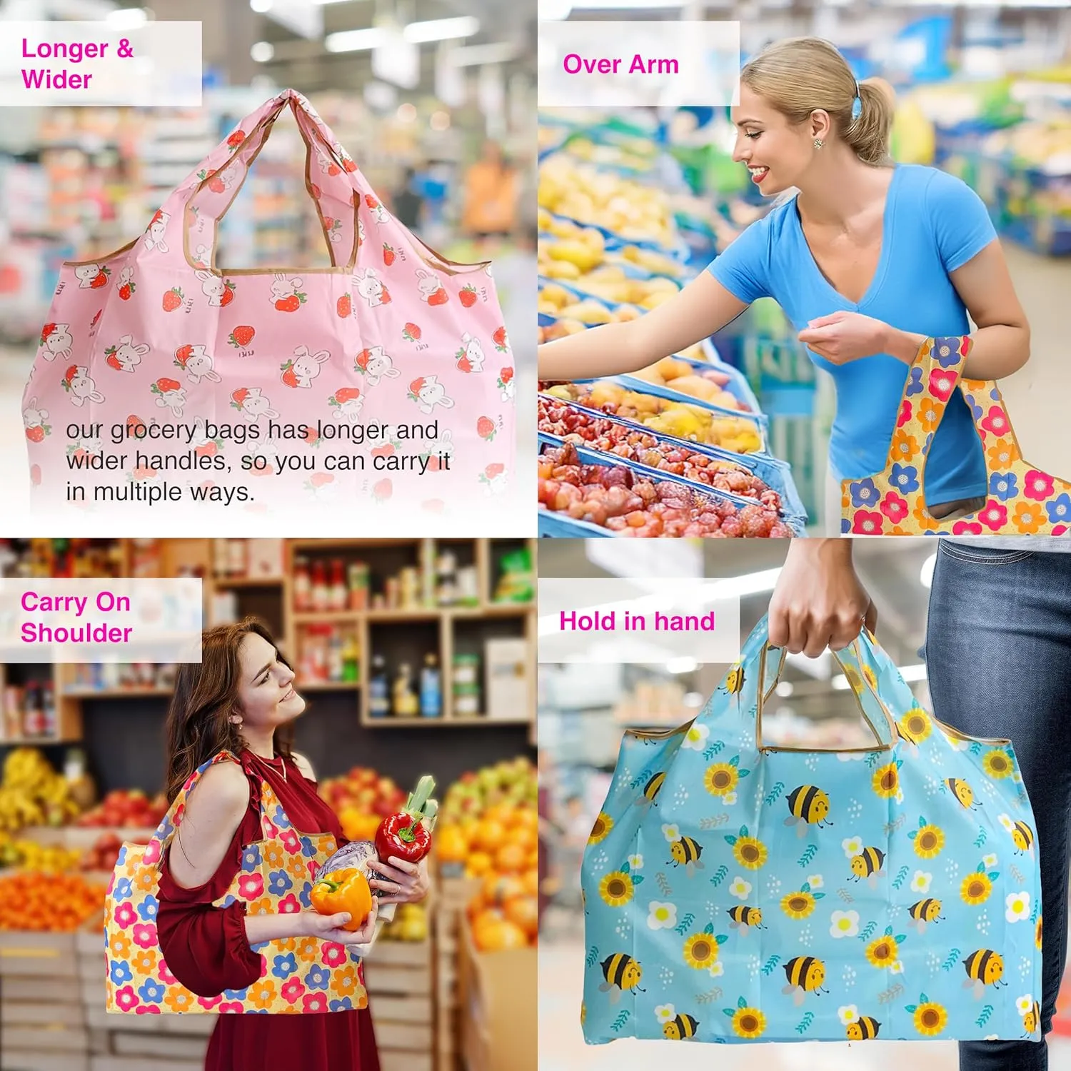 Reusable Grocery Shopping Bags with Handles – Foldable Tote Bags for Groceries