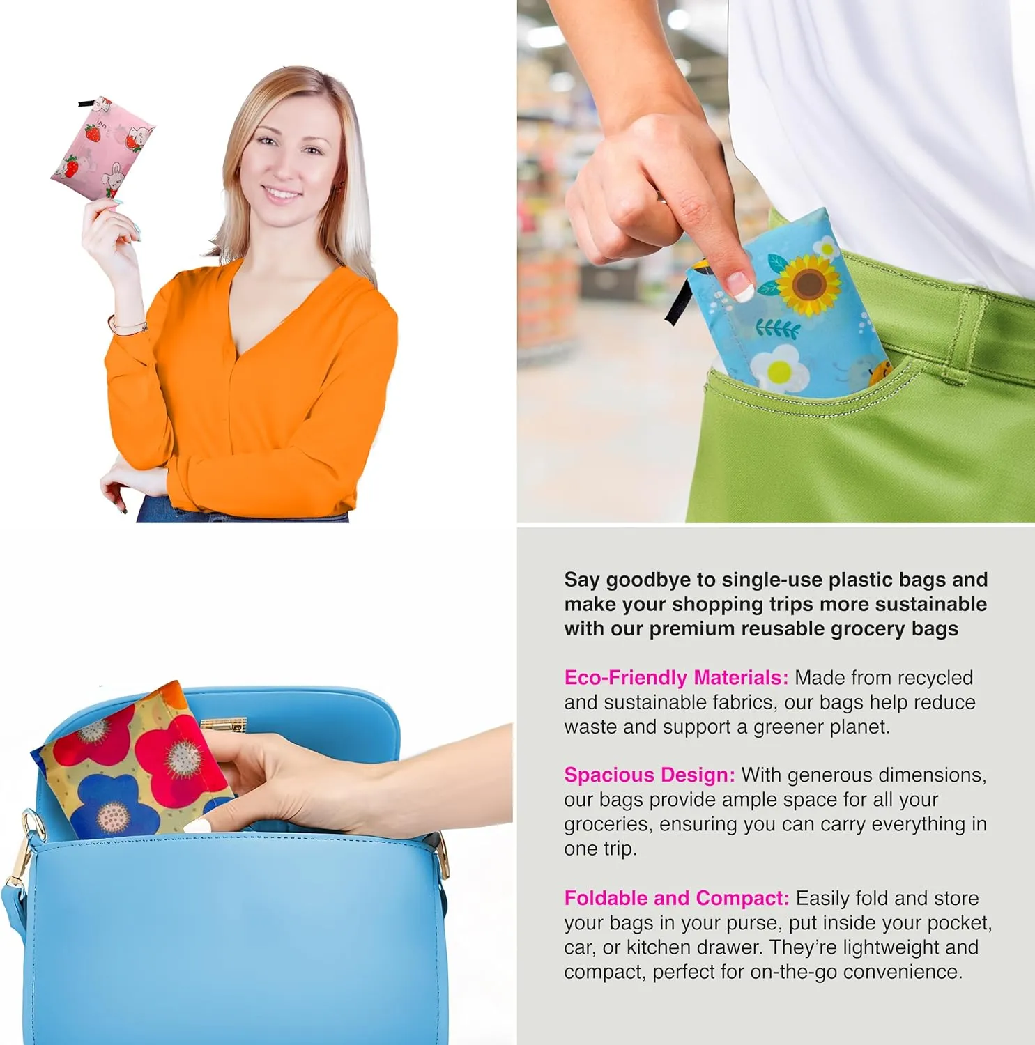 Reusable Grocery Shopping Bags with Handles – Foldable Tote Bags for Groceries