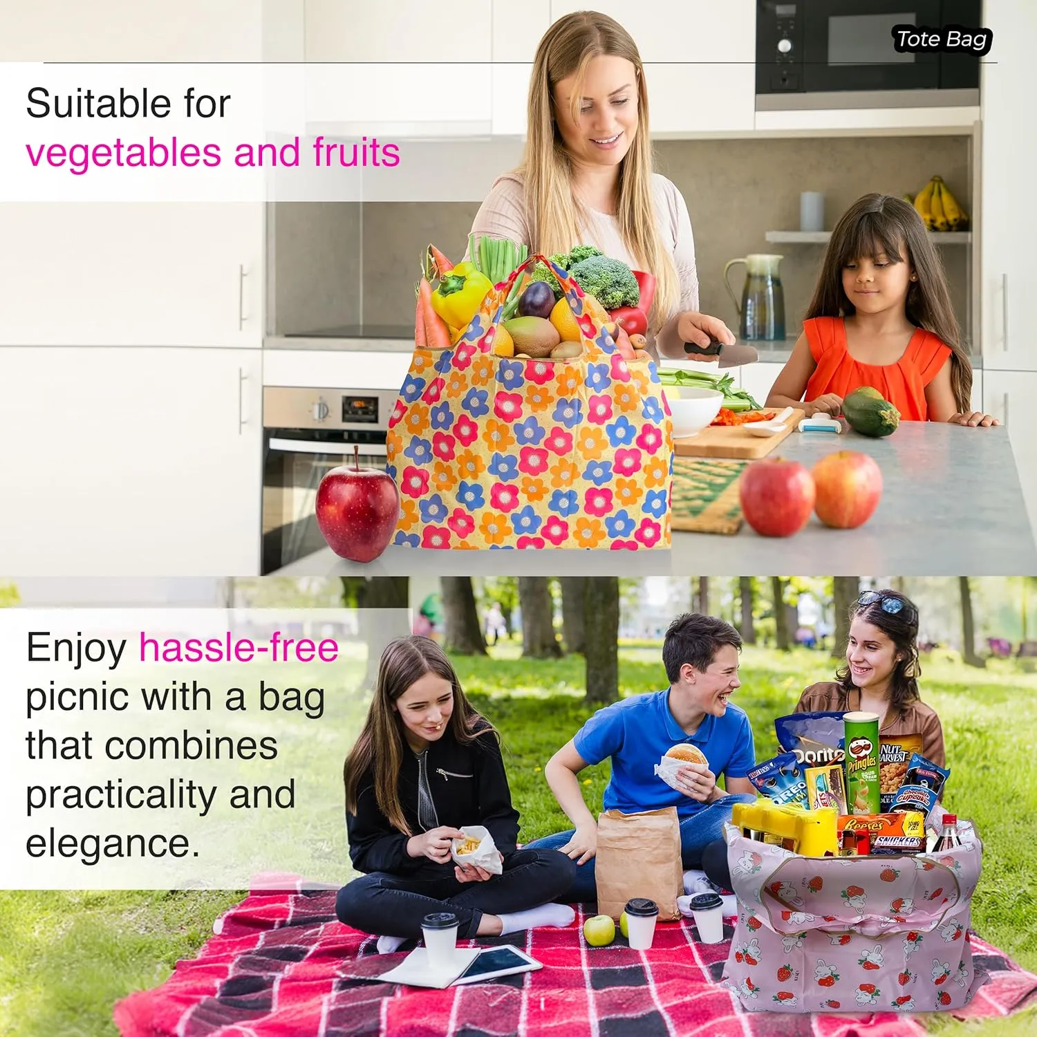 Reusable Grocery Shopping Bags with Handles – Foldable Tote Bags for Groceries