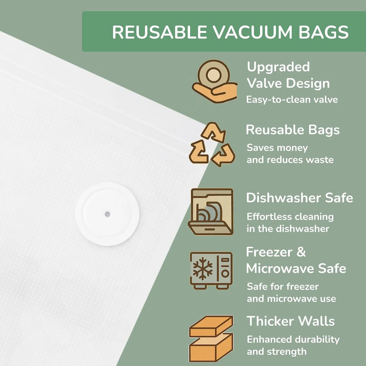 Reusable Vacuum Sealer Bags with Upgraded Cleanable Valve – 20 Pack – Thicker Walls, Dishwasher Safe, Freezer & Microwave Safe – Food Storage Bags for Meal Prep & Sous Vide – Eco-Friendly & Reusable