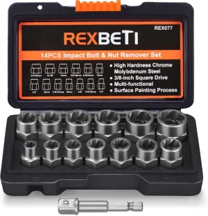 REXBETI Impact Bolt & Nut Remover Set, 13 1 Pieces Bolt Extractor Tool Set with Solid Storage Case