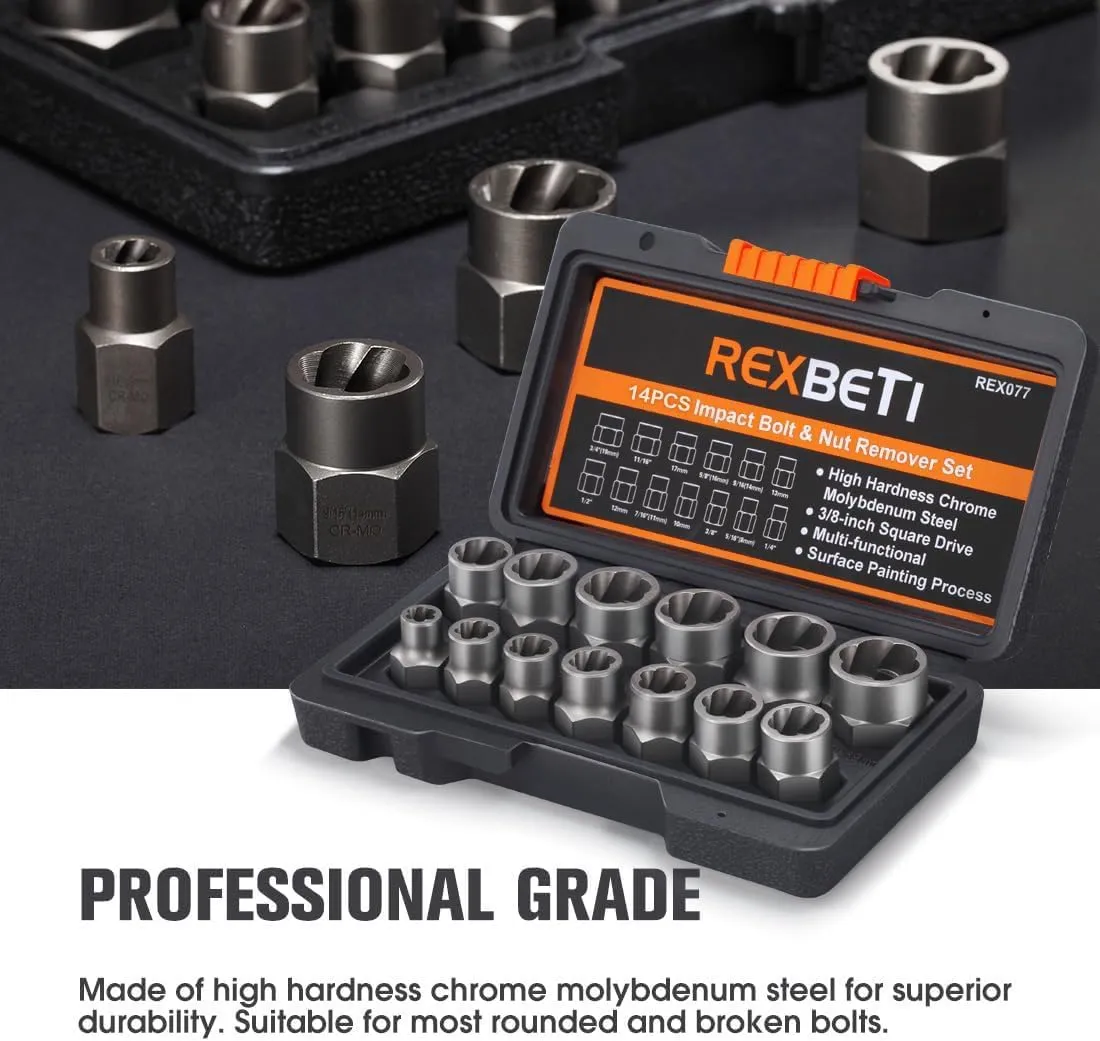 REXBETI Impact Bolt & Nut Remover Set, 13 1 Pieces Bolt Extractor Tool Set with Solid Storage Case