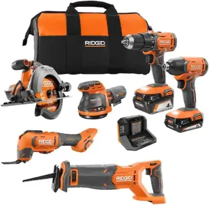 RIDGID18V Cordless 6-Tool Combo Kit with 2.0 Ah Battery, 4.0 Ah Battery, Charger, and Bag