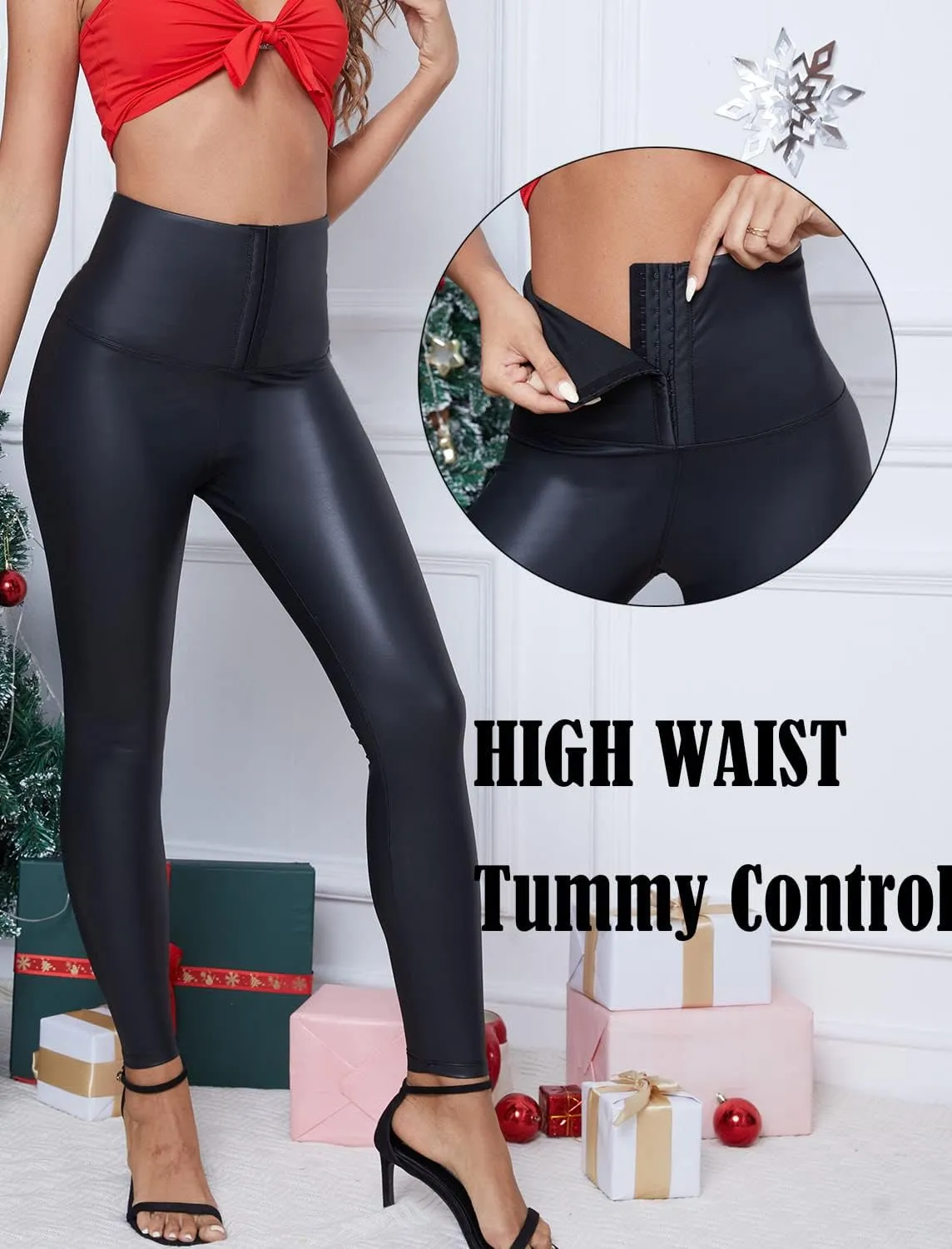 RIOJOY Womens Sexy Leather Leggings PU High Waist Butt Lifting Pleather Pants Stretchy Faux Leather Tights Push Up