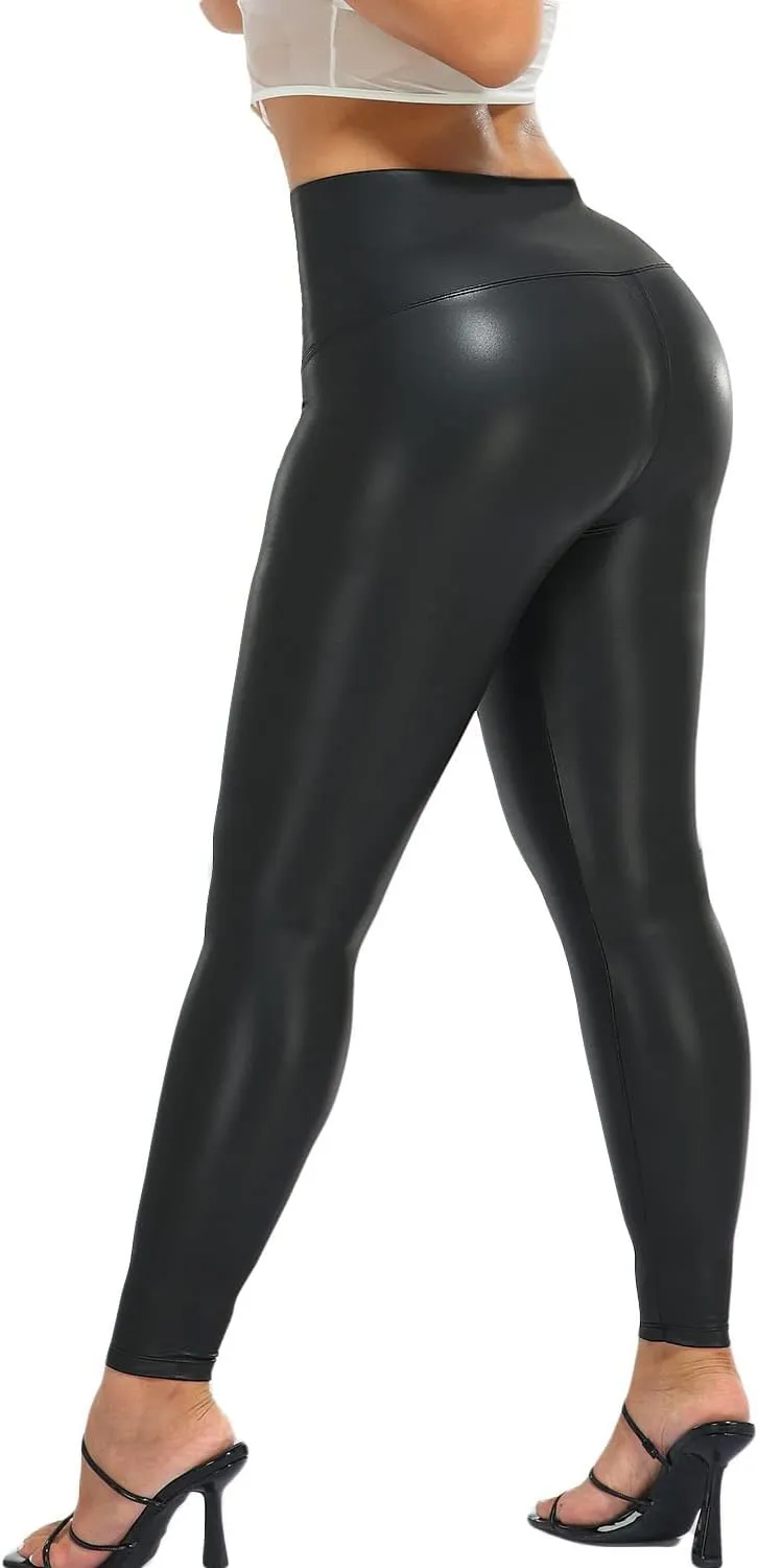 RIOJOY Womens Sexy Leather Leggings PU High Waist Butt Lifting Pleather Pants Stretchy Faux Leather Tights Push Up