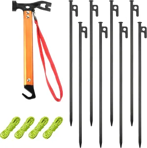 RIY Tent Stakes,8Pcs Heavy Duty 16Inch Steel Tent Stakes with 12 Inch Camping Hammer