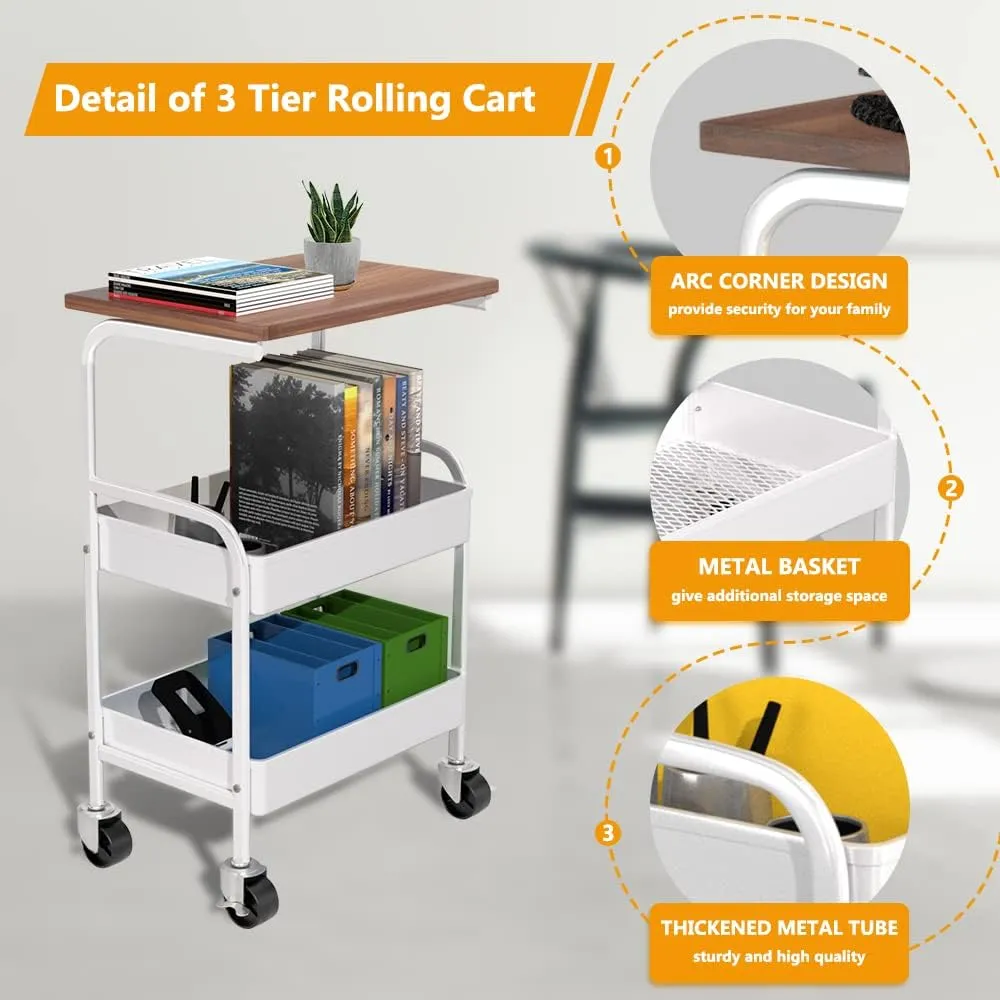 Rolling Cart with Wooden Tabletop, 3 Tier Metal Utility Cart, Rolling Storage Organizer Cart with Lockable Wheels for Kitchen, Office, Bedroom (White)