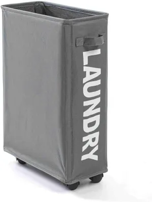 Rolling Slim Laundry Baskets Hamper Collapsible Dirty Clothes Hamper Tall Thin Laundry Basket Hamper on Wheels Home Corner Handy Waterproof Sorter Organizer Dorm Bathroom (Dark Grey)