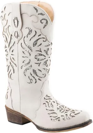 ROPER Womens Riley Glitter Tooled Inlay Snip Toe Casual Boots Mid Calf Low Heel 1-2" - Off White