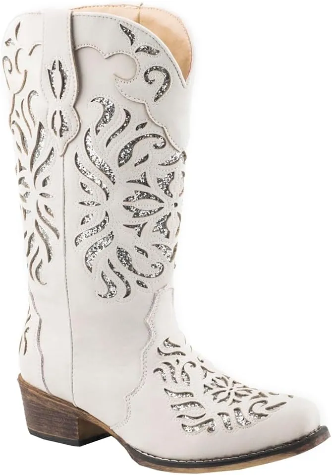 ROPER Womens Riley Glitter Tooled Inlay Snip Toe Casual Boots Mid Calf Low Heel 1-2" - Off White