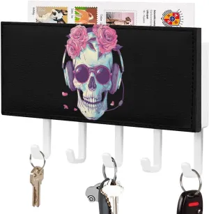 Rose Skull with Headphone Novelty Key Holder Funny Keys Hook Mail Organizer Hanging Rack Decor with 5 Hooks for Wall
