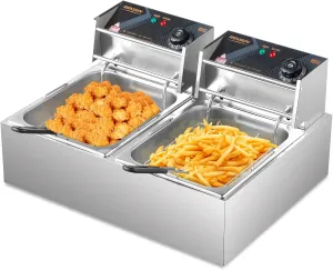 ROVSUN 22.8QT Electric Deep Fryer w/ 2 Baskets & Lids, 21.8L Stainless Steel Commercial Double Fryer, Countertop Kitchen Frying Machine w/Temperature Control, French Fries Donuts 5000W