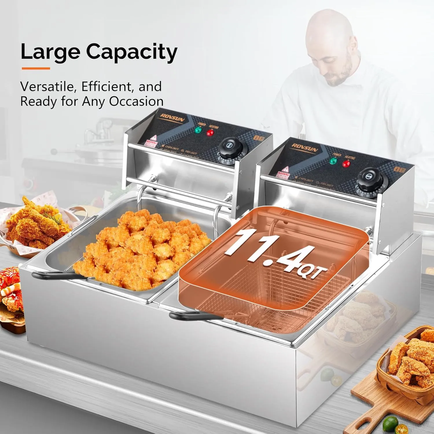 ROVSUN 22.8QT Electric Deep Fryer w/ 2 Baskets & Lids, 21.8L Stainless Steel Commercial Double Fryer, Countertop Kitchen Frying Machine w/Temperature Control, French Fries Donuts 5000W