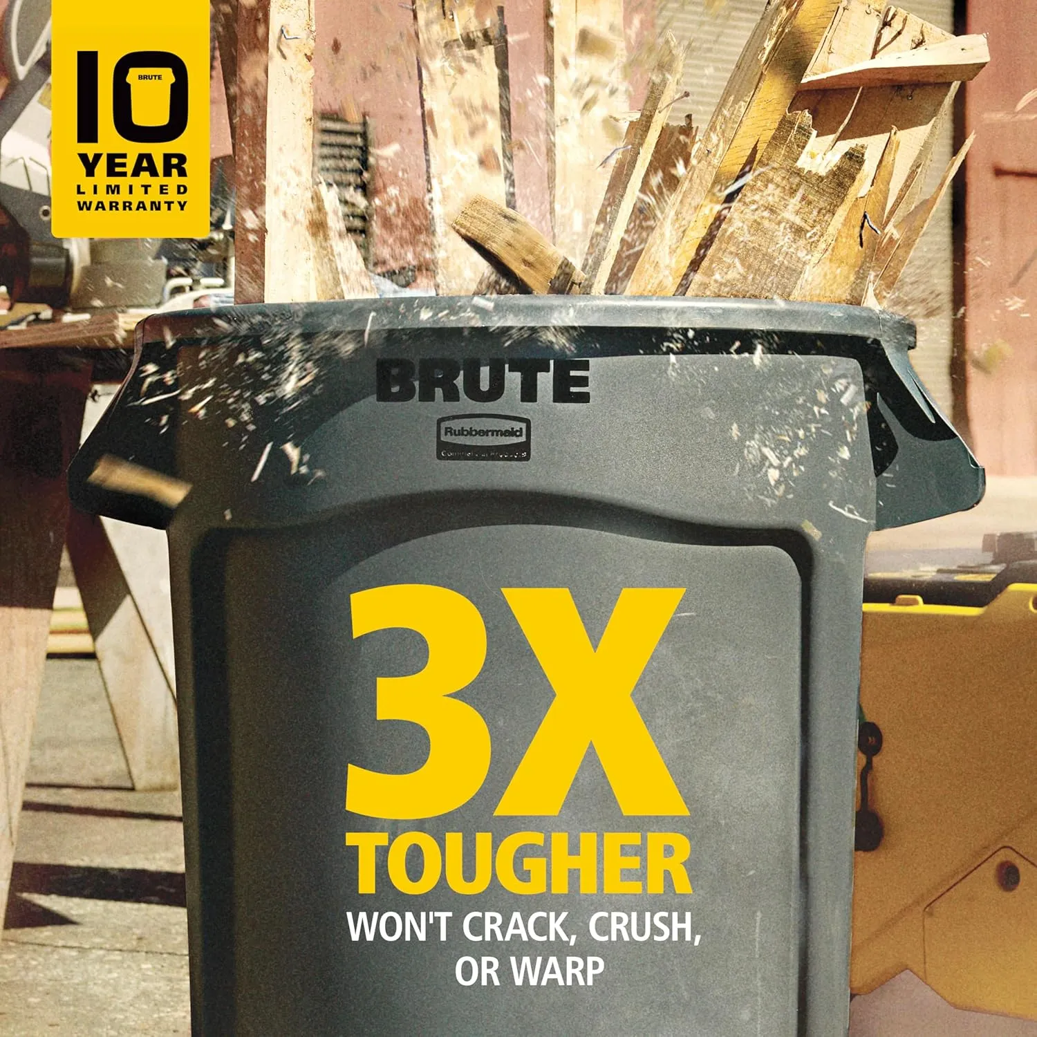Rubbermaid Commercial Products BRUTE Heavy-Duty Round Vented Trash Can Without Lid, 55-Gallon, Yellow, for Landscapers/Construction/Restaurant/Stadium/Back of House/Office/Warehouse/Home