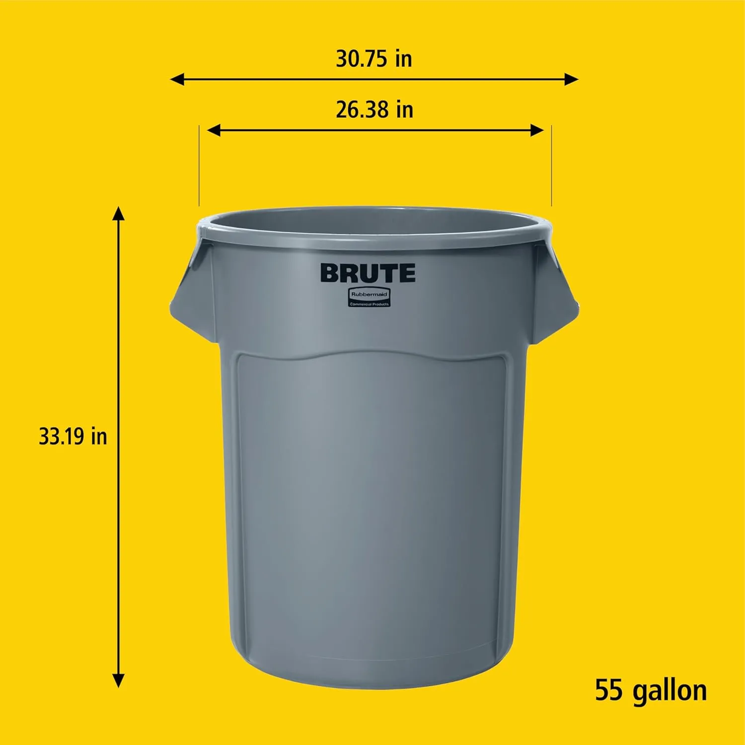 Rubbermaid Commercial Products BRUTE Heavy-Duty Round Vented Trash Can Without Lid, 55-Gallon, Yellow, for Landscapers/Construction/Restaurant/Stadium/Back of House/Office/Warehouse/Home