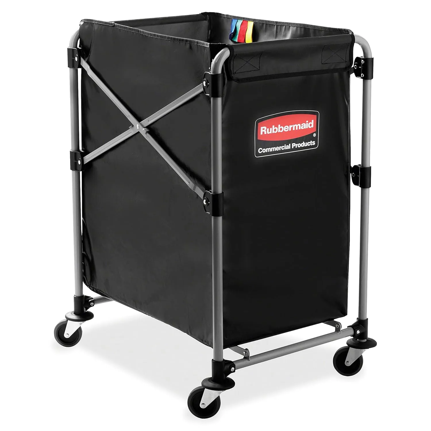 Rubbermaid Commercial Products, Collapsible X Cart, Black, Steel 4 Bushel Bin, Commercial Laundry Cart with Wheels for Hotel/Nursing Home/Home/College Easily Move Laundry/Supplies/Groceries