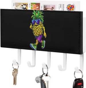 Running Pineapple Novelty Key Holder Funny Keys Hook Mail Organizer Hanging Rack Decor with 5 Hooks for Wall