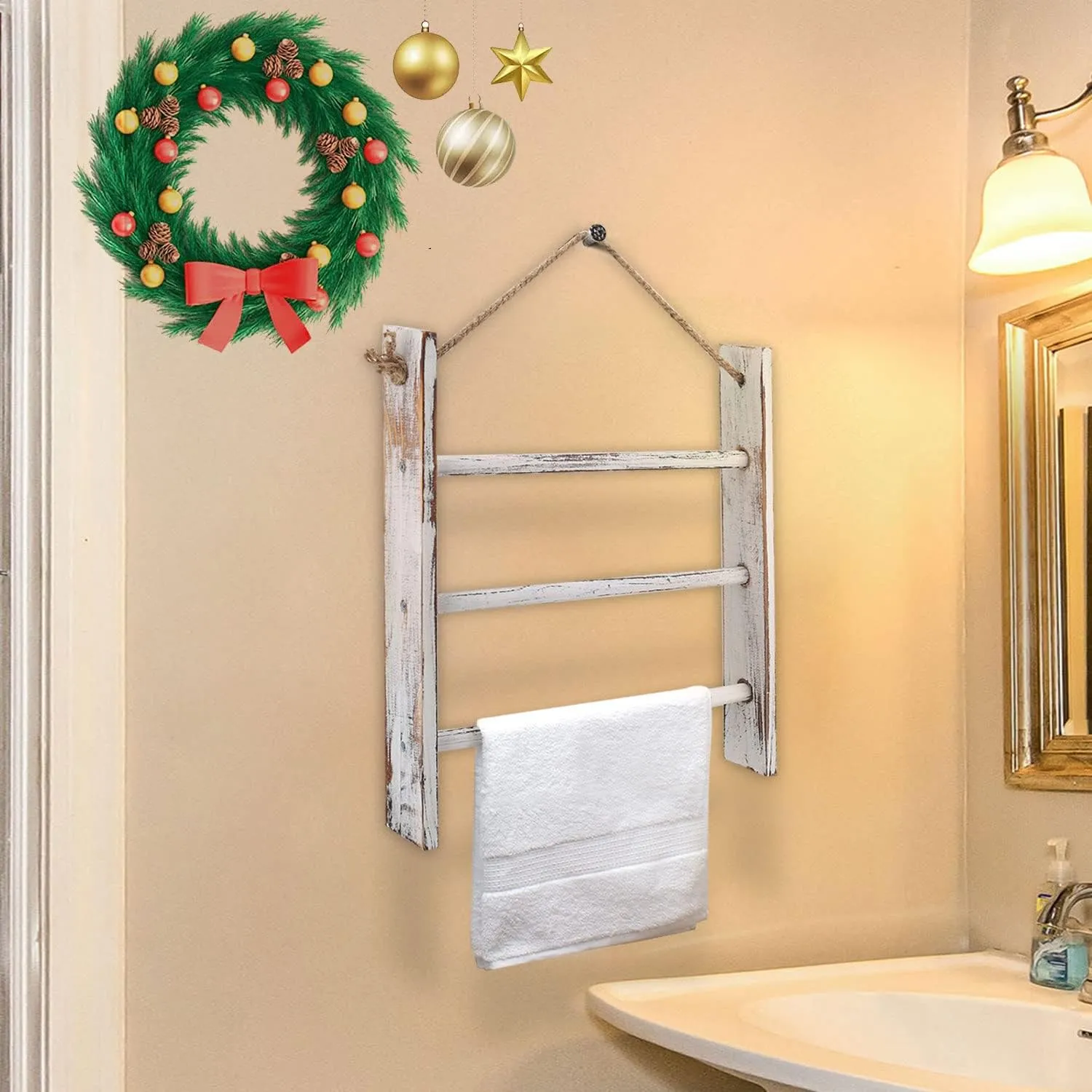 Rustic Wood Ladder Hand Towel Rack for Bathroom, Farmhouse Blanket Ladder for Living Room Hanging Decorative Rack for Blankets Whitewashed Towel Rack with Rope (Whitewashed)