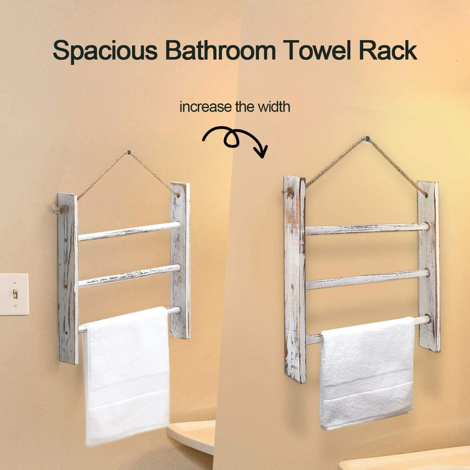 Rustic Wood Ladder Hand Towel Rack for Bathroom, Farmhouse Blanket Ladder for Living Room Hanging Decorative Rack for Blankets Whitewashed Towel Rack with Rope (Whitewashed)