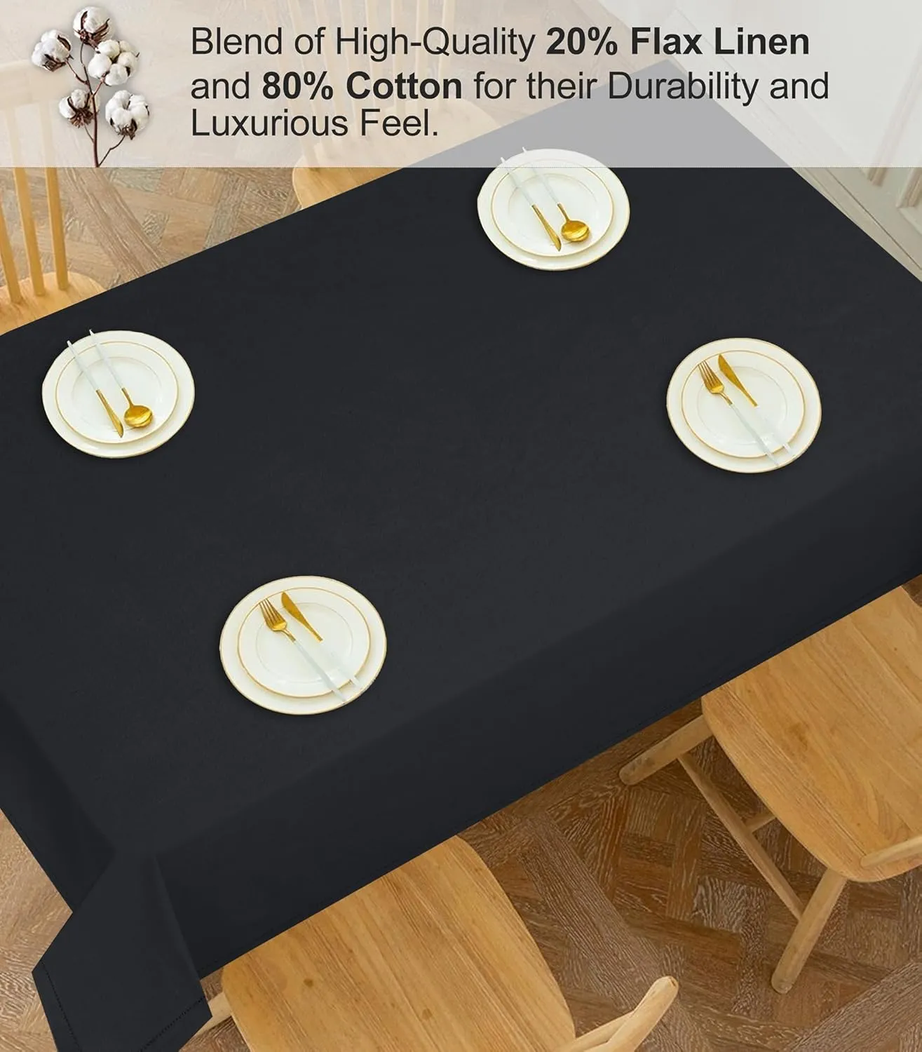 RUVANTI Cotton Linen Table Cloth Rectangle Table 72x54 Inch, Classic Hemstitch, Stain ‎Resistant, Washable Tablecloth Perfect for Coffee Table Cover, Dining, Hotel, Weddings and Parties – Black