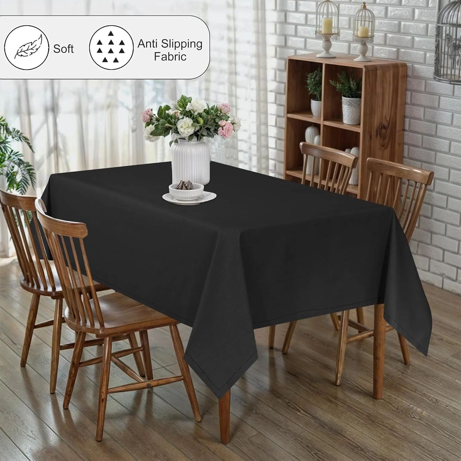 RUVANTI Cotton Linen Table Cloth Rectangle Table 72x54 Inch, Classic Hemstitch, Stain ‎Resistant, Washable Tablecloth Perfect for Coffee Table Cover, Dining, Hotel, Weddings and Parties – Black