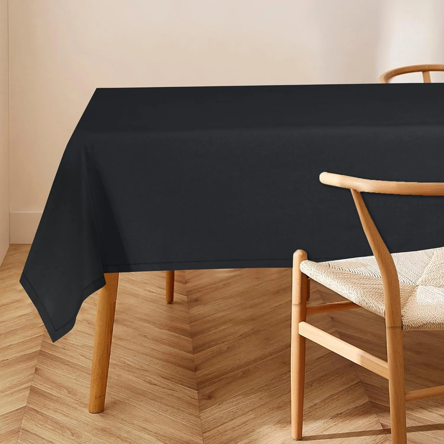 RUVANTI Cotton Linen Table Cloth Rectangle Table 72x54 Inch, Classic Hemstitch, Stain ‎Resistant, Washable Tablecloth Perfect for Coffee Table Cover, Dining, Hotel, Weddings and Parties – Black