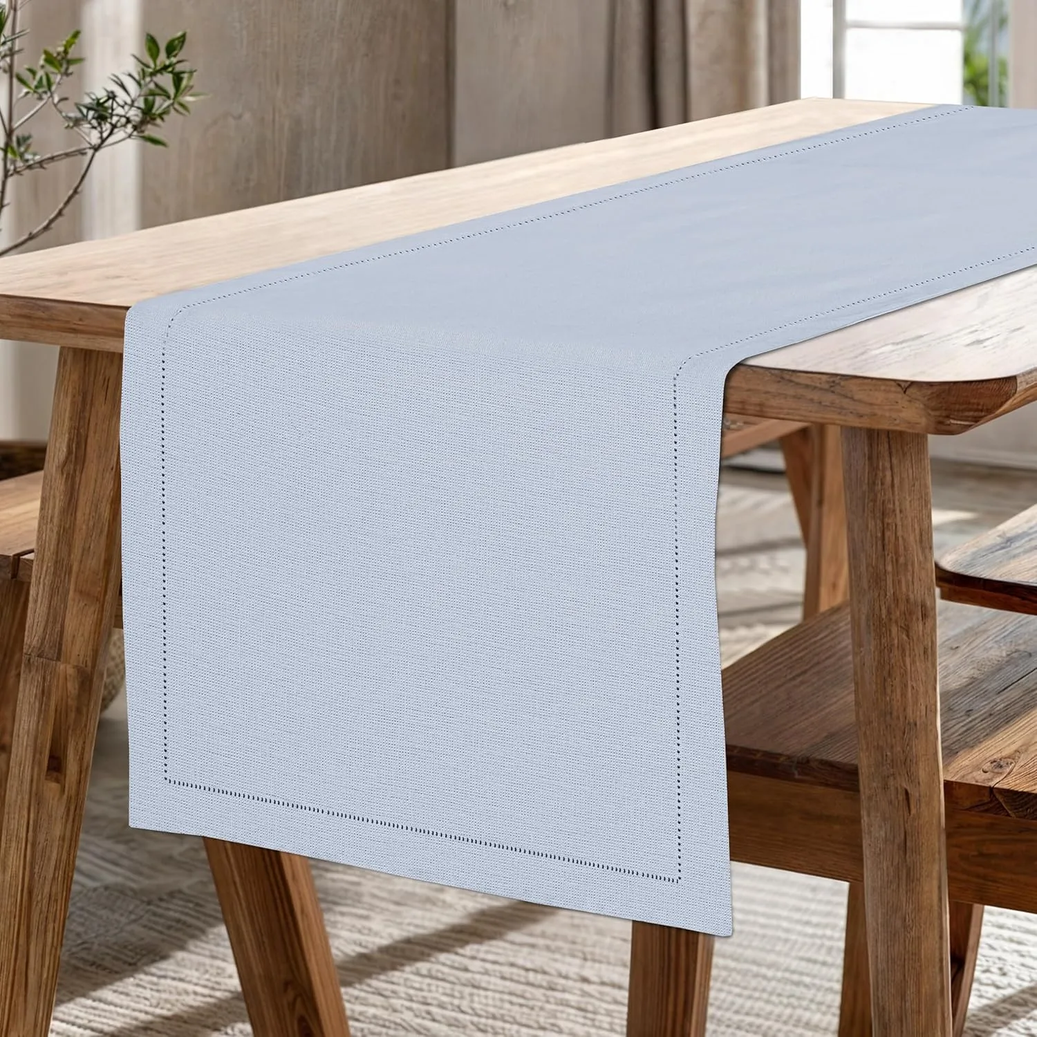 Ruvanti Linen Table Runner 108 Inches, Classic Hemstitch, Washable, Reusable, Non-Slipping, Stain Resistant- Perfect for Parties, Weddings, Dinners, Thanksgiving, Christmas, Indoor use – Arctic Ice