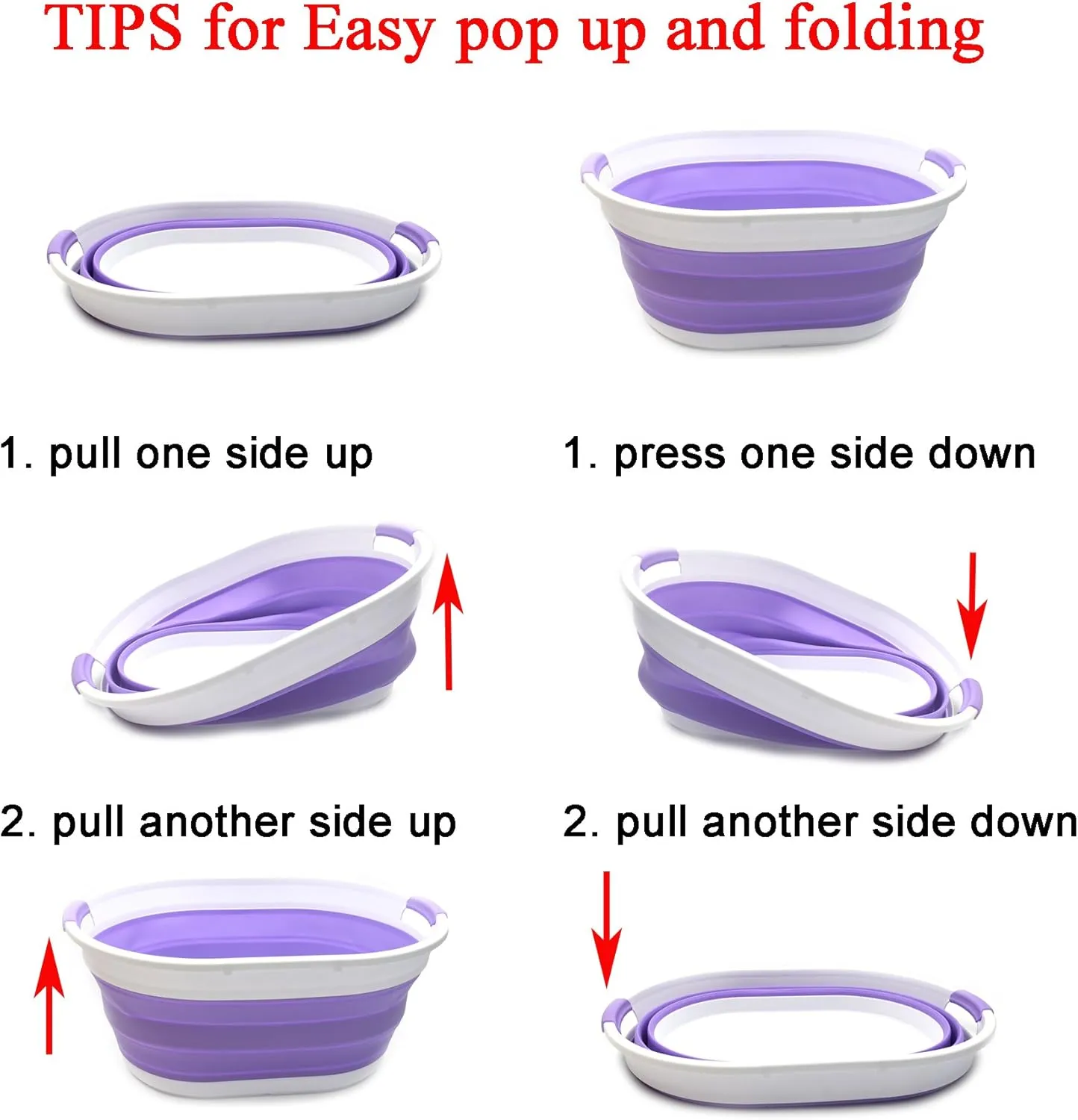 SAMMART Set of 2-39L(10.3 gallon) Collapsible Plastic Laundry Basket-Pop Up Storage Container-Portable Washing Tub-Space Saving Hamper/Basket, Water capacity:30L(7.9 gallon) (2 Oval, Lt. Purple)